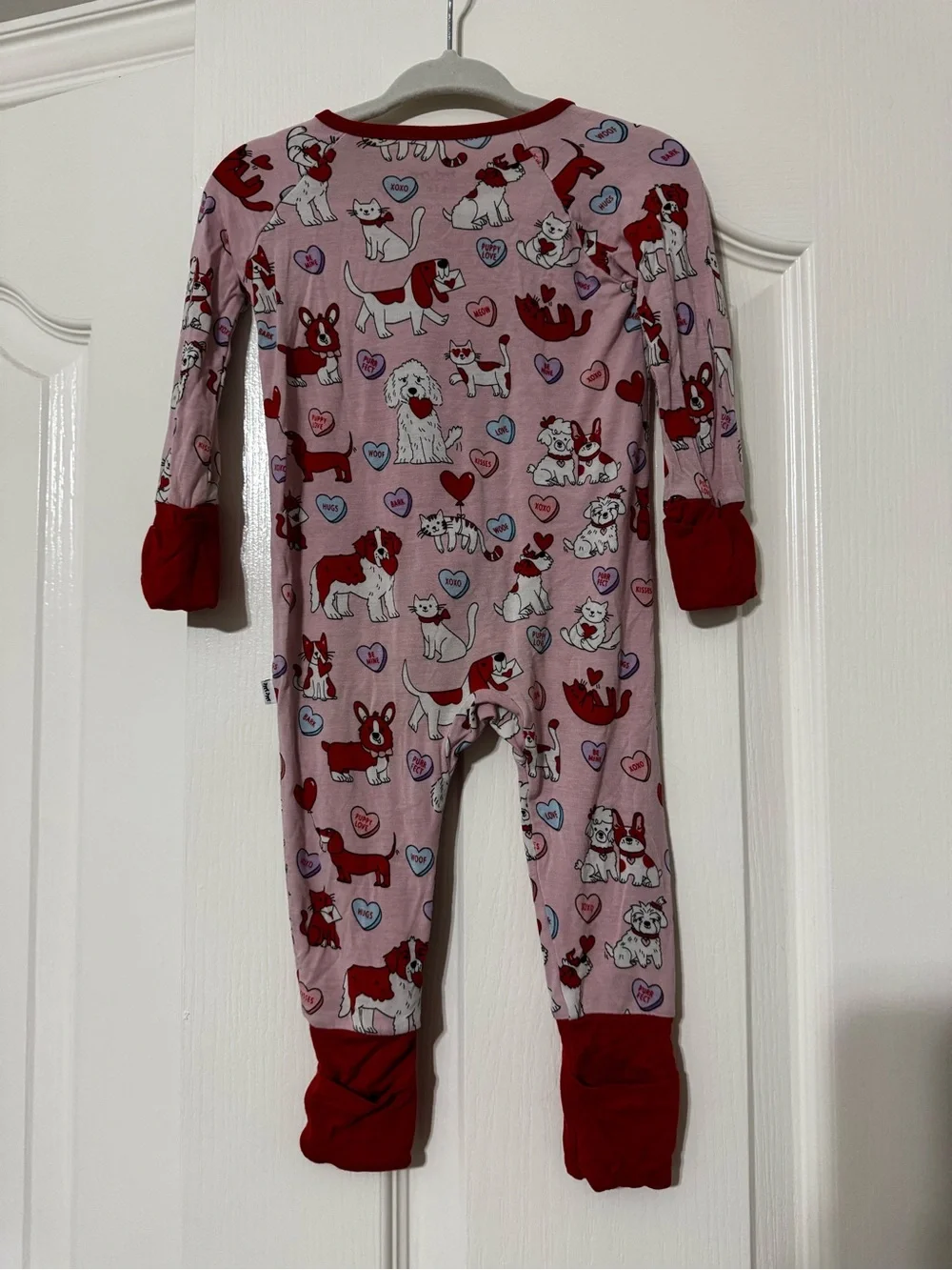 Little Sleepies Valentine’s Pink Puppy Print Footie with Red Trim